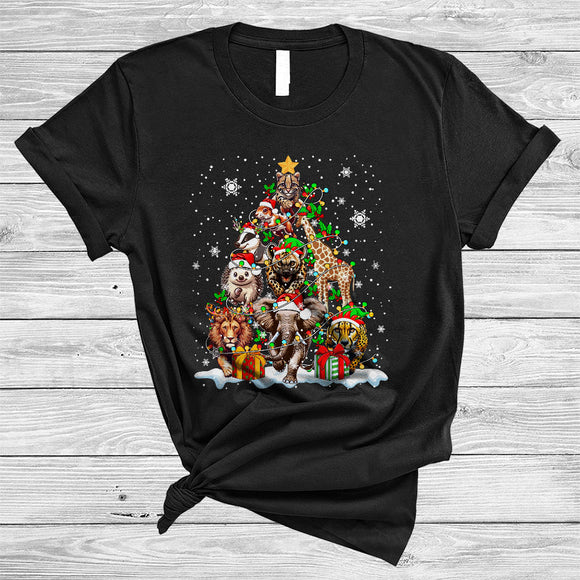 MacnyStore - Group Wild Animal Christmas Tree, Funny Santa Lion Elephant Hyena, X-mas Family Group T-Shirt