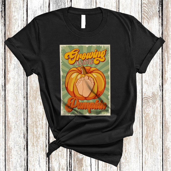 MacnyStore - Growing A Little Pumpkin, Vintage Thanksgiving Pregnancy Announcement, Baby Footprint Pumpkin T-Shirt