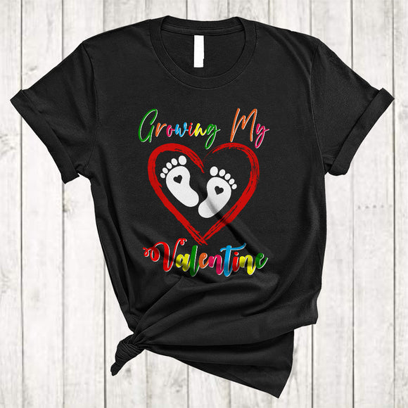MacnyStore - Growing My Valentine, Colorful Cool Valentine's Day Pregnancy Announcement, Heart Shape Family T-Shirt