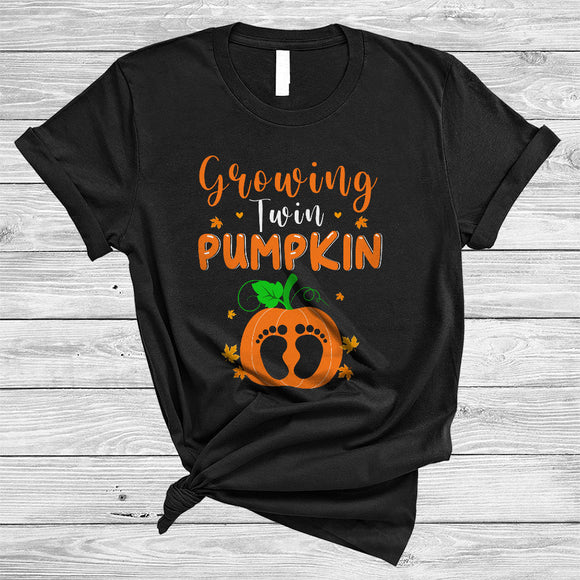 MacnyStore - Growing Twin Pumpkin Cool Lovely Thanksgiving Pregnancy Baby Footprint Pumpkin Fall Leaf T-Shirt