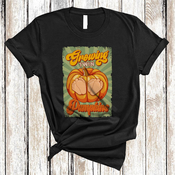 MacnyStore - Growing Twin Pumpkins, Vintage Thanksgiving Pregnancy Announcement, Baby Footprint Pumpkin T-Shirt