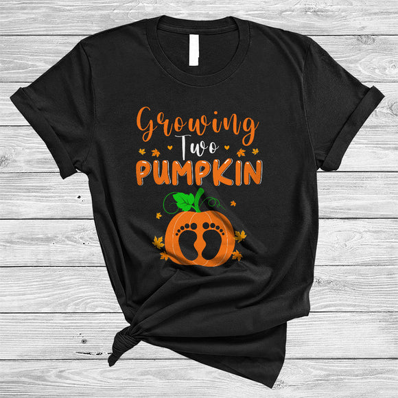 MacnyStore - Growing Two Pumpkin Cool Lovely Thanksgiving Pregnancy Baby Footprint Pumpkin Fall Leaf T-Shirt
