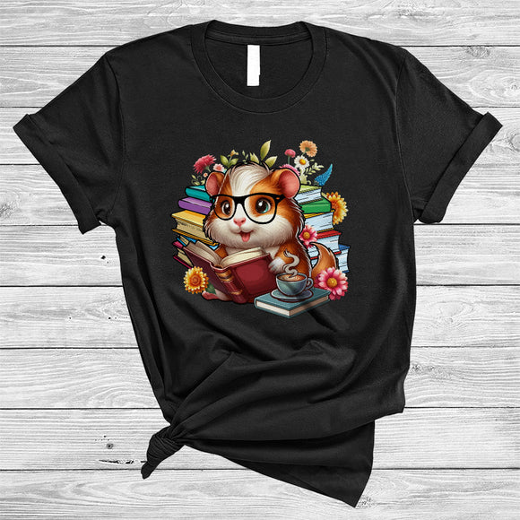 MacnyStore - Guinea Pig Drinking Coffee And Reading Book, Cute Teacher Librarian, Flowers Floral Book Nerd T-Shirt