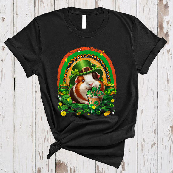 MacnyStore - Guinea Pig Drinking Coffee, Humorous St. Patrick's Day Irish Group Guinea Pig, Shamrock Rainbow T-Shirt