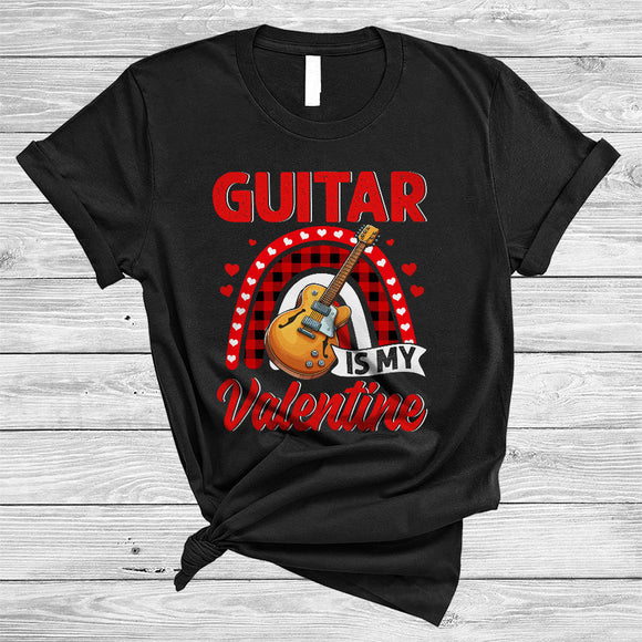 MacnyStore - Guitar Is My Valentine, Awesome Valentine's Day Guitar Player Guitarist, Hearts Plaid Rainbow T-Shirt