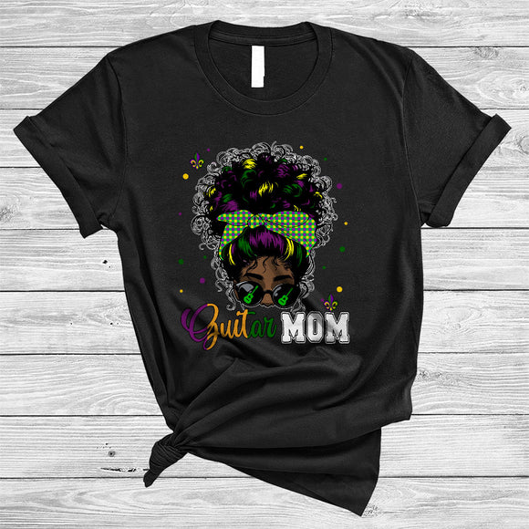 MacnyStore - Guitar Mom, Cool Mardi Gras Messy Afro Bun Hair Women, Black African Musical Instruments T-Shirt