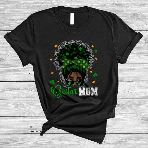 MacnyStore - Guitar Mom, Cool St. Patrick's Day Messy Afro Bun Hair Women, Black African Musician Shamrock T-Shirt