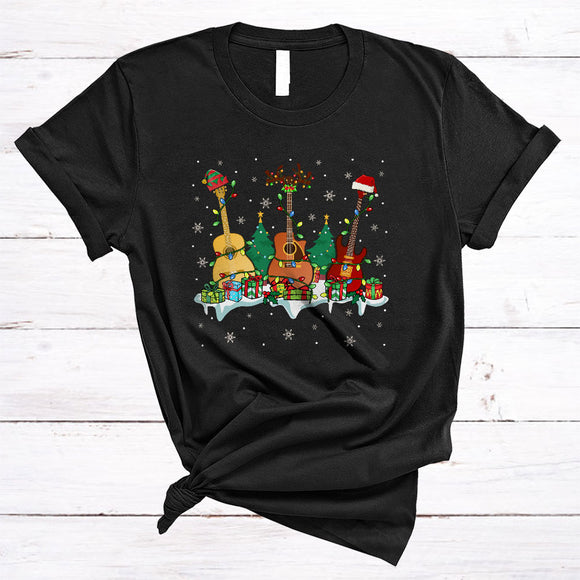 MacnyStore - Guitar With X-mas Tree, Colorful Christmas Musical Instruments Player, X-mas Snow Around T-Shirt