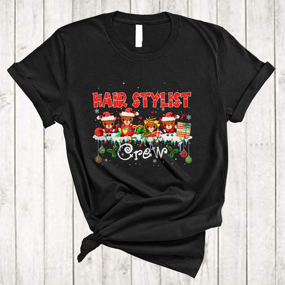 MacnyStore - Hair Stylist Crew, Lovely Merry Christmas Lights Four Santa Reindeer, Matching X-mas Group T-Shirt