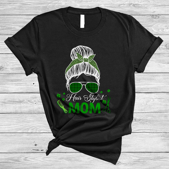 MacnyStore - Hair Stylist Mom, Awesome St. Patrick's Day Green Leopard Plaid Bun Hair Women, Shamrocks T-Shirt