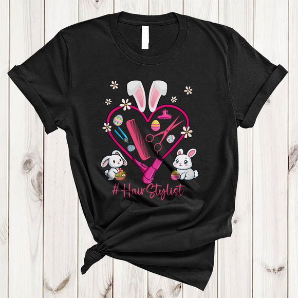 MacnyStore - Hair Stylist, Adorable Easter Bunny Hair Stylist Tools Heart Shape Flowers, Egg Hunting Group T-Shirt