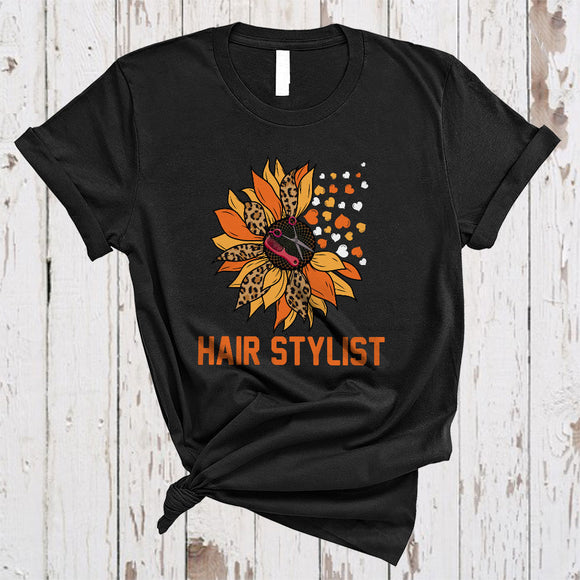 MacnyStore - Hair Stylist, Adorable Sunflower Leopard Hearts, Matching Hair Stylist Family Group T-Shirt