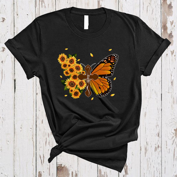 MacnyStore - Half Sunflower Half Butterfly, Adorable Faith Jesus Lover, Sunflower Flowers Butterfly Insect Lover T-Shirt