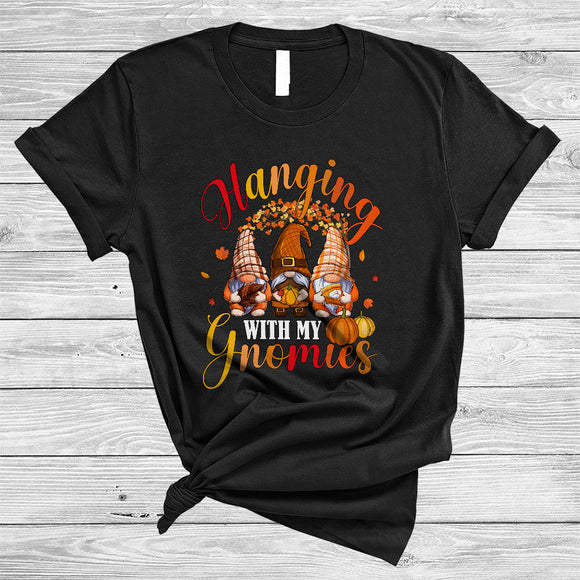 MacnyStore - Hanging With My Gnomies, Lovely Thanksgiving Three Gnomes Fall Tree, Family Squad T-Shirt