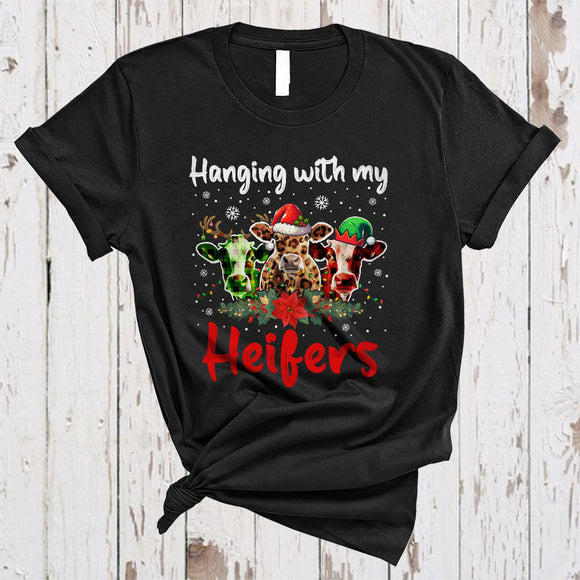 MacnyStore - Hanging With My Heifers, Amazing Christmas Three Santa Reindeer ELF Cows, Farm Farmer Lover T-Shirt