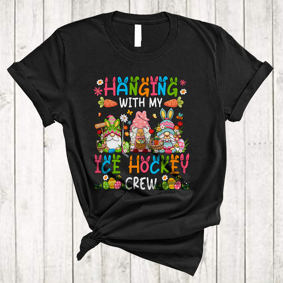 MacnyStore - Hanging With My Ice Hockey Crew, Adorable Easter Three Gnomes Flowers, Egg Hunting Group T-Shirt