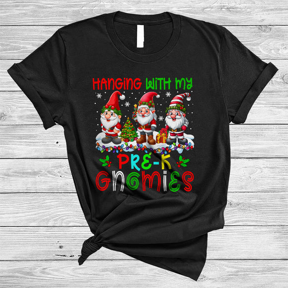 MacnyStore - Hanging With My Pre-K Gnomies, Adorable Christmas Three Gnomes, X-mas Lights Teacher T-Shirt