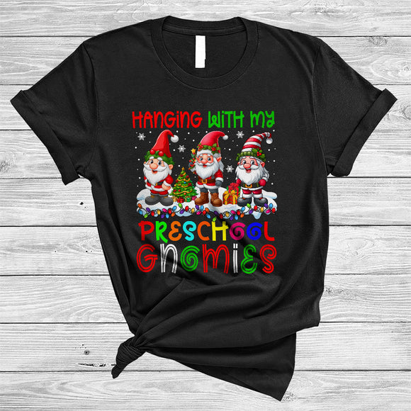 MacnyStore - Hanging With My Preschool Gnomies, Adorable Christmas Three Gnomes, X-mas Lights Teacher T-Shirt