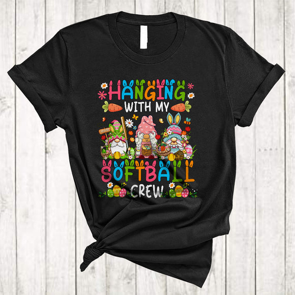 MacnyStore - Hanging With My Softball Crew, Adorable Easter Three Gnomes Flowers, Egg Hunting Group T-Shirt