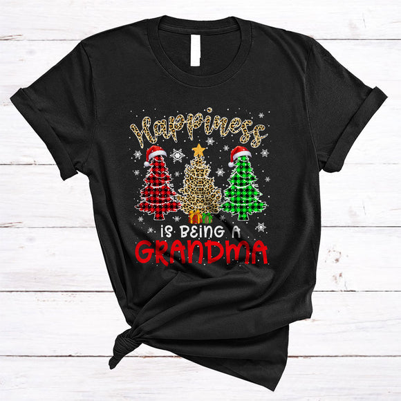 MacnyStore - Happiness Is Being A Grandma, Amazing Three Leopard Plaid Christmas Trees, Family Group T-Shirt