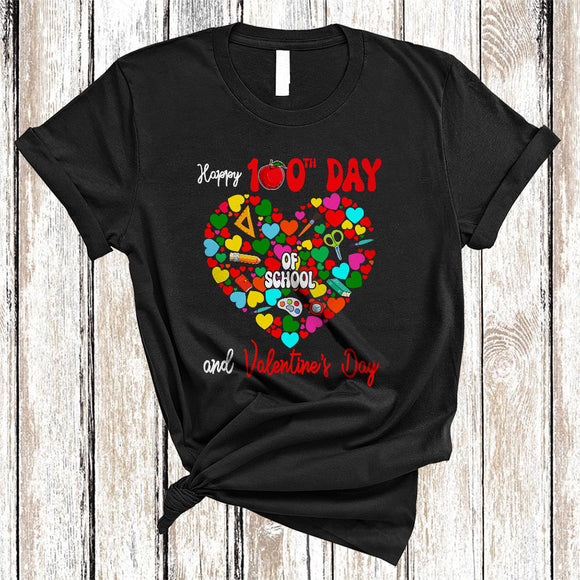 MacnyStore - Happy 100 Days Of School And Valentine's Day, Lovely Valentine Hearts Shape, Teacher Group T-Shirt