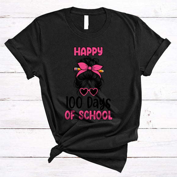 MacnyStore - Happy 100 Days Of School, Lovely 100th Day Of School Messy Bun Hair Girl, Student Teacher T-Shirt