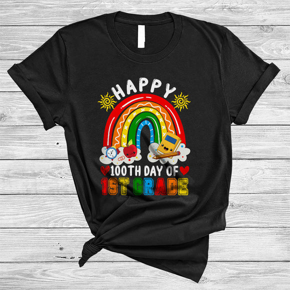 MacnyStore - Happy 100th Day Of 1st Grade, Colorful 100 Days Of School Rainbow, Student Teacher Crew T-Shirt