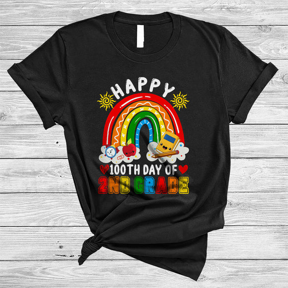 MacnyStore - Happy 100th Day Of 2nd Grade, Colorful 100 Days Of School Rainbow, Student Teacher Crew T-Shirt