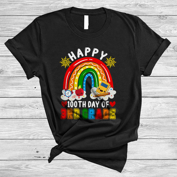 MacnyStore - Happy 100th Day Of 3rd Grade, Colorful 100 Days Of School Rainbow, Student Teacher Crew T-Shirt
