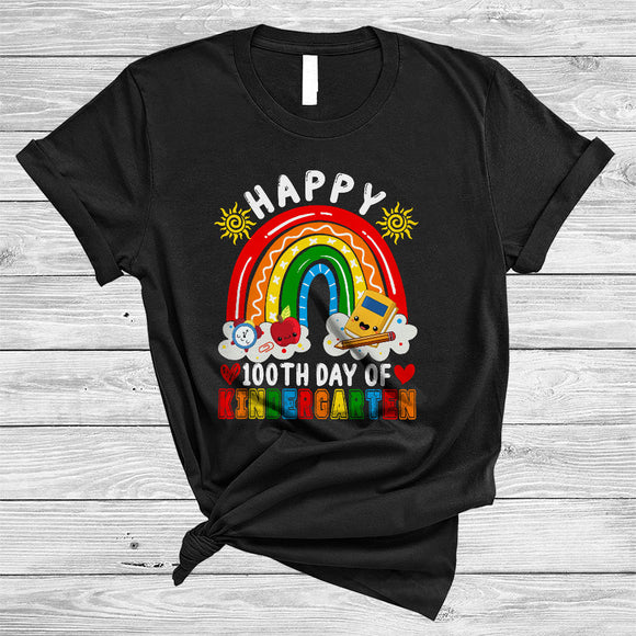 MacnyStore - Happy 100th Day Of Kindergarten, Colorful 100 Days Of School Rainbow, Student Teacher Crew T-Shirt