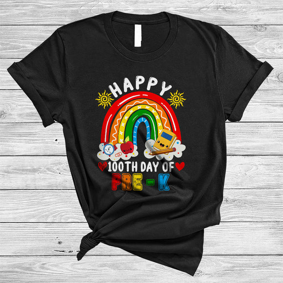 MacnyStore - Happy 100th Day Of Pre-K, Colorful 100 Days Of School Rainbow, Student Teacher Crew T-Shirt
