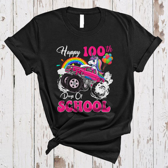 MacnyStore - Happy 100th Day Of School, Adorable Unicorn Driving Monster Truck, Students Teacher Group T-Shirt