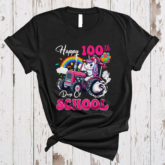 MacnyStore - Happy 100th Day Of School, Adorable Unicorn Driving Tractor, Students Teacher Group T-Shirt