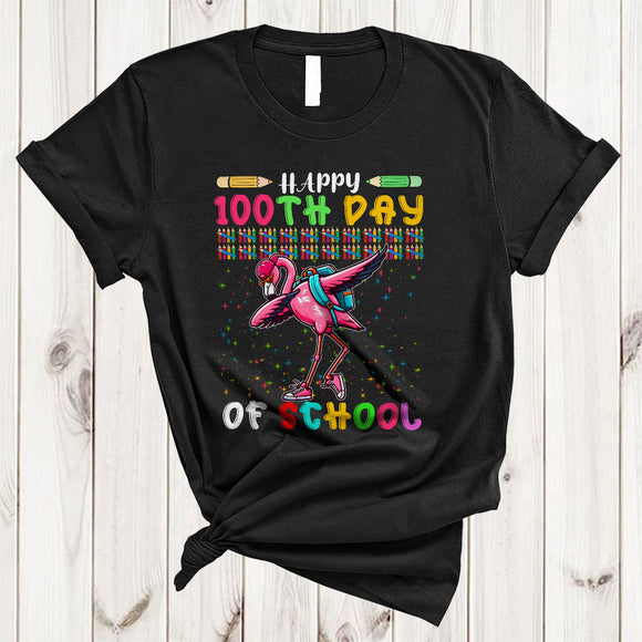 MacnyStore - Happy 100th Day Of School, Lovely Dabbing Flamingo Magical, Matching Teacher Students Group T-Shirt