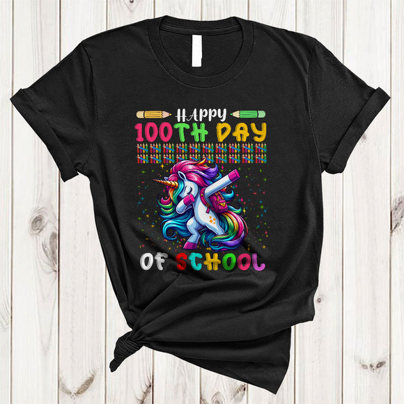 MacnyStore - Happy 100th Day Of School, Lovely Dabbing Unicorn Magical, Matching Teacher Students Group T-Shirt