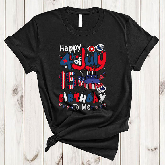MacnyStore - Happy 4th Of July 15th Birthday, Joyful Independence Day 15Years Old Fireworks, US Flag Patriotic T-Shirt