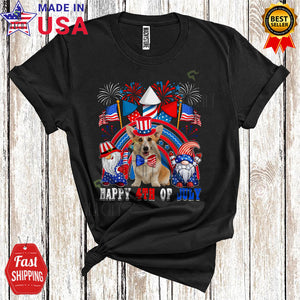 MacnyStore - Happy 4th Of July Cute Cool US Flag Rainbow Fireworks Gnomes Corgi Lover T-Shirt