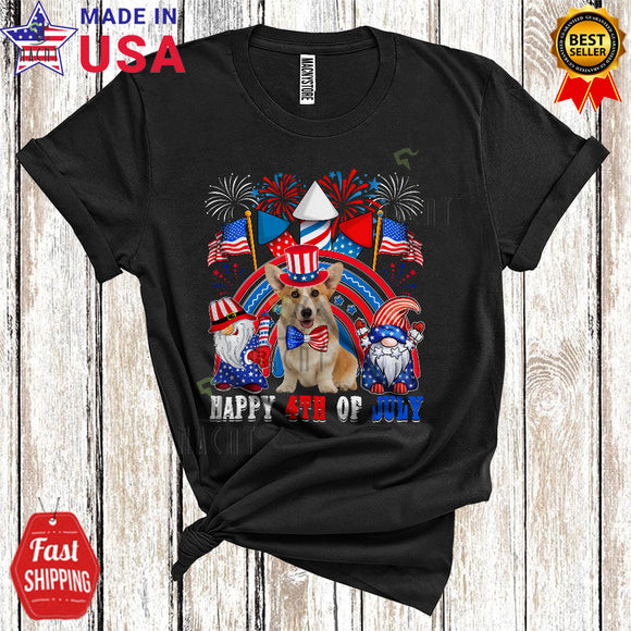MacnyStore - Happy 4th Of July Cute Cool US Flag Rainbow Fireworks Gnomes Corgi Lover T-Shirt