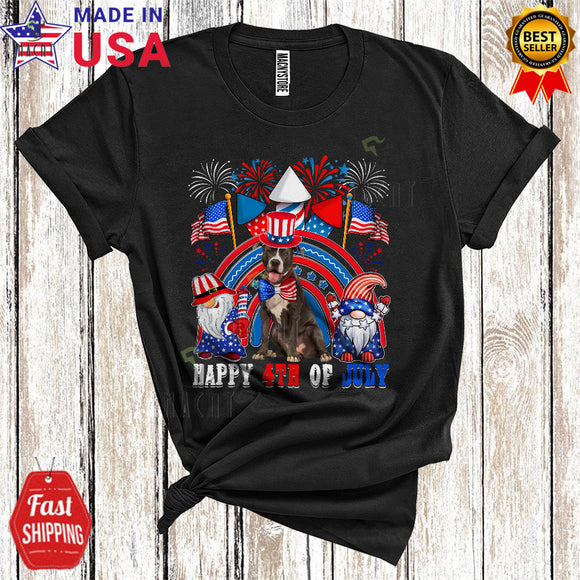 MacnyStore - Happy 4th Of July Cute Cool US Flag Rainbow Fireworks Gnomes Pit Bull Lover T-Shirt