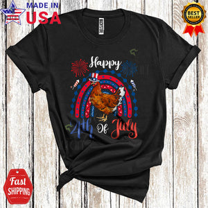 MacnyStore - Happy 4th Of July Funny Cute Chicken With American Flag Rainbow Firework Patriotic T-Shirt