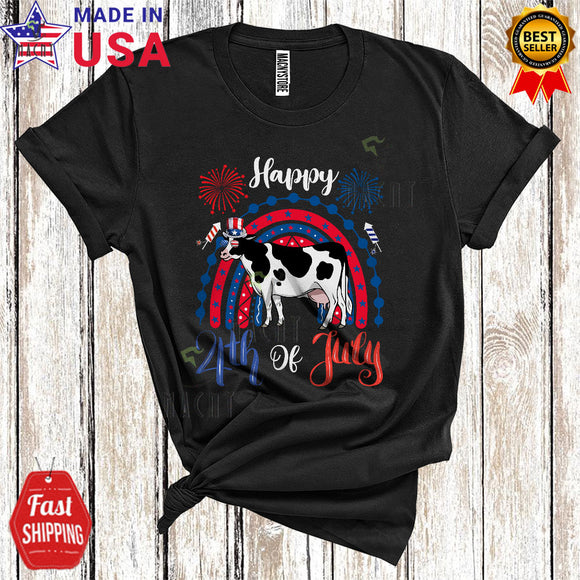 MacnyStore - Happy 4th Of July Funny Cute Cow With American Flag Rainbow Firework Patriotic T-Shirt