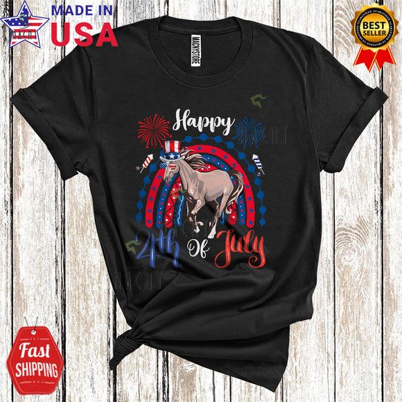 MacnyStore - Happy 4th Of July Funny Cute Horse With American Flag Rainbow Firework Patriotic T-Shirt