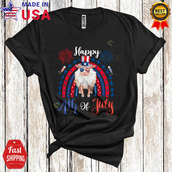 MacnyStore - Happy 4th Of July Funny Cute Sheep With American Flag Rainbow Firework Patriotic T-Shirt