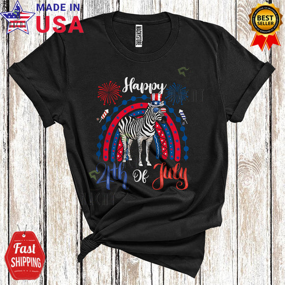 MacnyStore - Happy 4th Of July Funny Cute Zebra With American Flag Rainbow Firework Patriotic T-Shirt