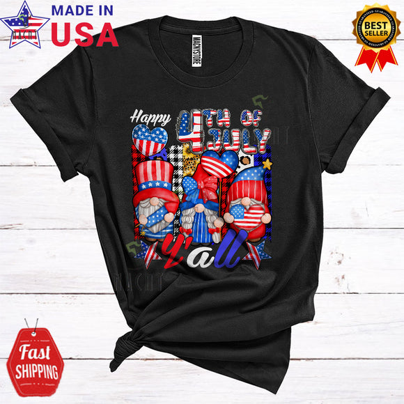 MacnyStore - Happy 4th Of July Y'all Cute Cool Independence Day Leopard Red Blue Plaid Three Gnomes Squad T-Shirt