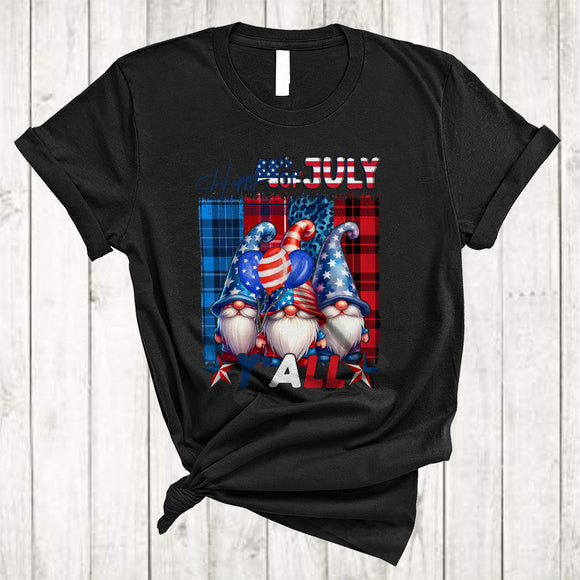 MacnyStore - Happy 4th Of July Y'all, Lovely Leopard Plaid Three Gnomes, Gnomies Squad Patriotic T-Shirt