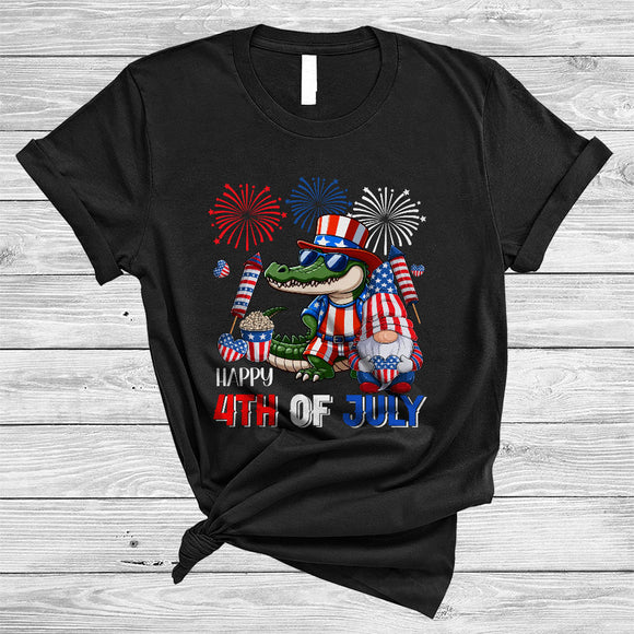 MacnyStore - Happy 4th Of July, Lovely Independence Day US Flag Alligator, Firework Gnomes Patriotic T-Shirt