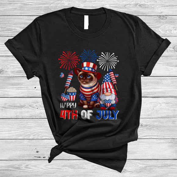 MacnyStore - Happy 4th Of July, Lovely Independence Day US Flag Burmese Cat, Firework Gnomes Patriotic T-Shirt