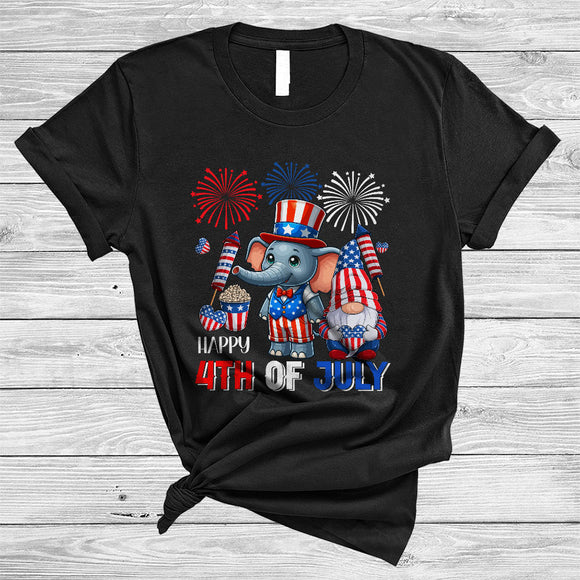 MacnyStore - Happy 4th Of July, Lovely Independence Day US Flag Elephant, Firework Gnomes Patriotic T-Shirt