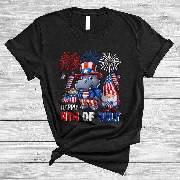 MacnyStore - Happy 4th Of July, Lovely Independence Day US Flag Hippo, Firework Gnomes Patriotic T-Shirt